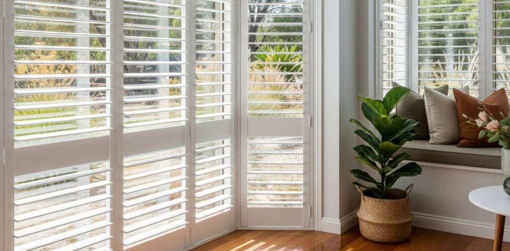 A bright corner room with polished timber floors, featuring windows fitted with white plantation shutters that meet at an angle.